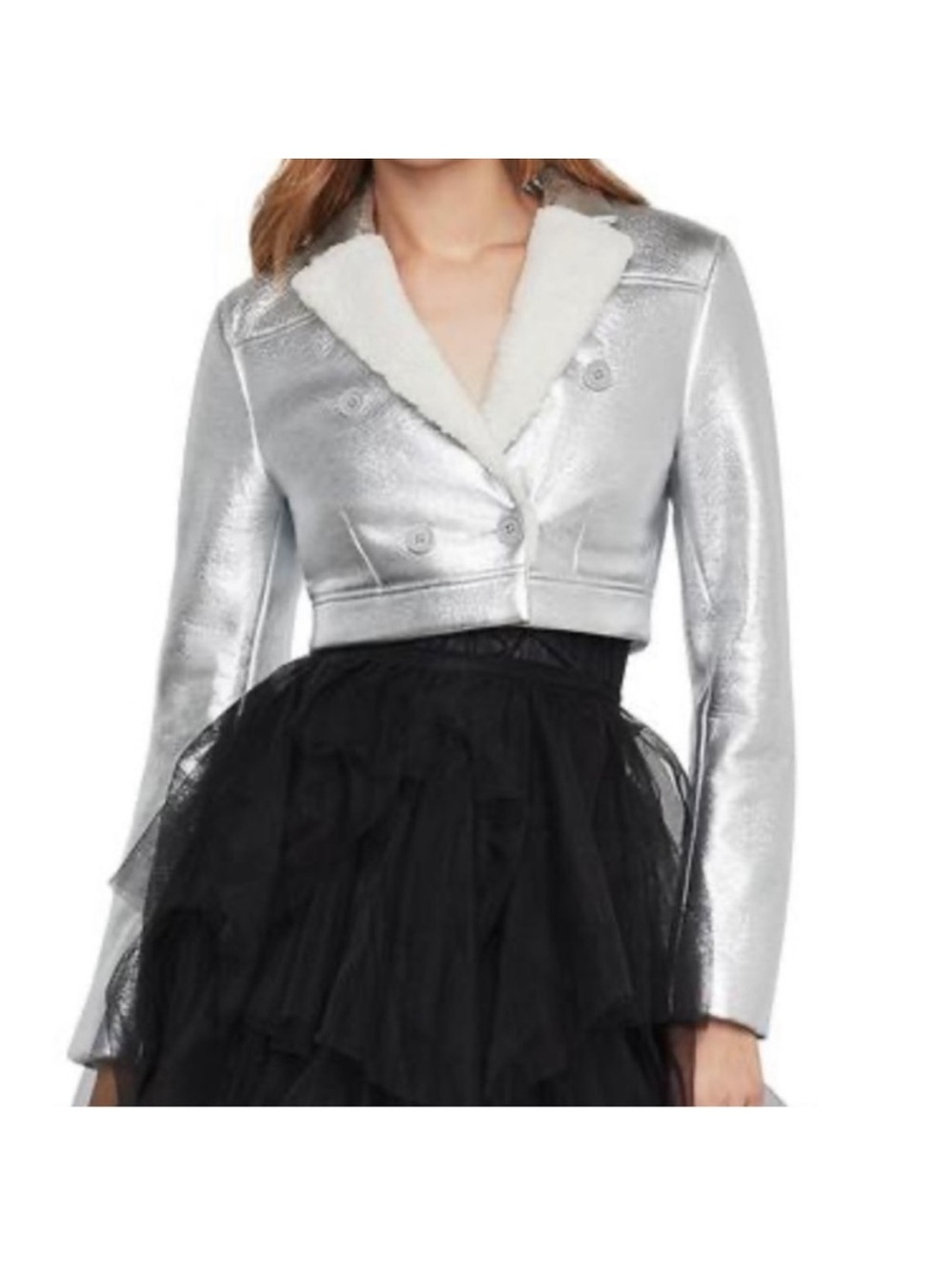 BCBG Silver Cropped Faux-Shearling Peacoat
